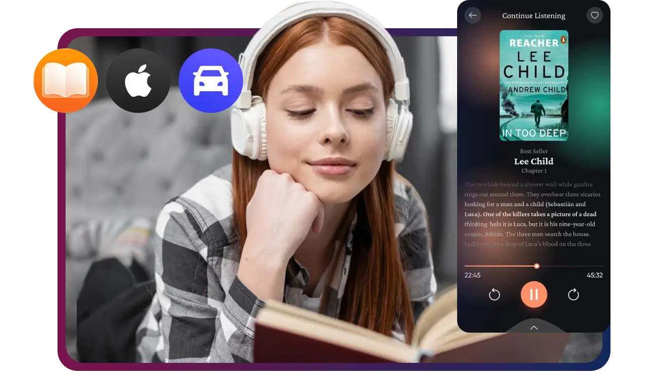 完美適用於 Apple Books、iPhone 與 CarPlay 聆聽
